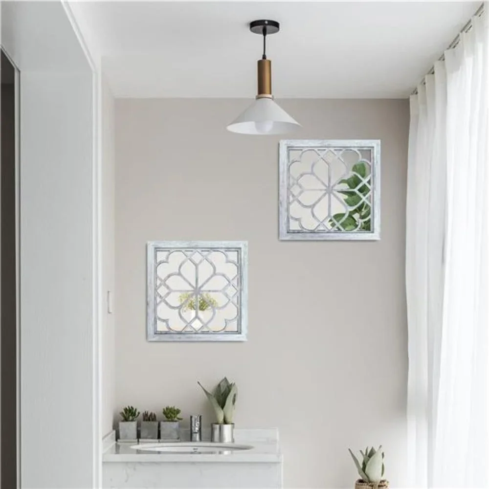 2 PCS Square  Wall Mirror,Gorgeous Rustic Farmhouse Accent Mirror,Rustic White